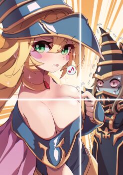 1boy 1girl absurdres bare_shoulders blonde_hair blue_dress blue_hat blush blush_stickers breasts c_civciv cleavage dark_magician dark_magician_girl dark_magician_girl_the_magician&#039;s_apprentice dark_magician_the_magician_of_black_magic dress duel_monster green_eyes hat highres large_breasts long_hair trembling yu-gi-oh!