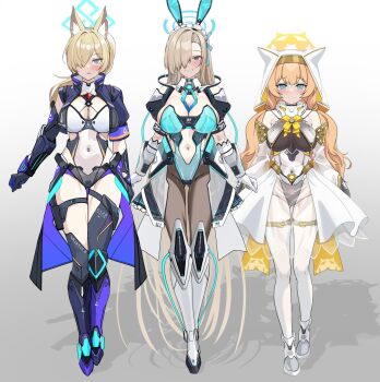 1girl 3girls alternate_costume animal_ears armband asuna_(blue_archive) asuna_(bunny)_(blue_archive) blonde_hair blue_archive blue_eyes blue_halo blush breasts cat_ears cleavage cleavage_cutout clothing_cutout covered_navel detached_collar fake_animal_ears full_body gloves grin hair_over_one_eye halo highleg highleg_leotard highres kanna_(blue_archive) large_breasts leotard long_hair looking_at_viewer mari_(blue_archive) mole multiple_girls orange_hair pantyhose parted_lips purple_armband rabbit_ears shoes smile standing strapless strapless_leotard strelka_belca very_long_hair yellow_halo