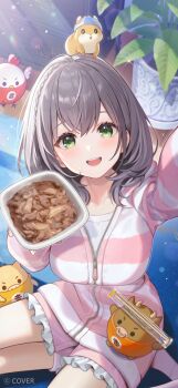 1girl animal animal_on_head chopsticks commentary_request food green_eyes grey_hair hamster highres hololive indoors long_sleeves looking_at_viewer medium_hair official_art oli_o_o on_head open_mouth pink_shorts pink_socks shirogane_noel shorts sitting smile socks solo teeth upper_teeth_only virtual_youtuber zipper_pull_tab