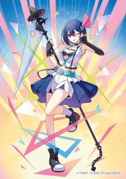 Rule 34 | black bra, black gloves, black shoes, blue hair, blue nails, bra, breasts, cleavage, commentary request, copyright notice, elbow gloves, fingerless gloves, gloves, heart, highres, holding, holding staff, medium breasts, nail polish, official art, peron (niki2ki884), red eyes, shirt, shoes, short hair, shorts, smile, solo, staff, tongue, tongue out, underwear, white shirt, white shorts, wixoss