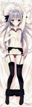 1girl absurdres ahoge arm_up armpits bare_shoulders black_thighhighs blush bra bra_lift breasts clothes_lift clothes_pull copyright_name dakimakura_(medium) female_focus full_body garter_belt garter_straps groin hair_ribbon highres huge_filesize long_hair long_image navel nipples pale_skin panties pants pants_pull panty_pull parted_lips pillow red_eyes ribbon sakurakouji_luna shorts shorts_pull silver_hair small_breasts solo suzuhira_hiro tall_image thighhighs tsuki_ni_yorisou_otome_no_sahou underwear very_long_hair