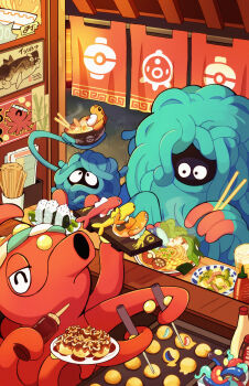 absurdres alt_text artist_name basculegion bowl chopsticks commentary eating english_commentary food gen_1_pokemon gen_2_pokemon gen_4_pokemon highres holding holding_chopsticks nintendo no_humans noodles octillery onigiri pasta pokemon pokemon_(creature) ramen soy_sauce_bottle steam takoyaki tangela tangrowth taplaos tatsugiri