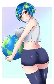 Rule 34 | 1girl, black thighhighs, brown eyes, crop top, earth-chan, earth (planet), globe, logo, looking at viewer, nasa logo, planet, short hair, shorts, smile, solo, tagme, thighhighs