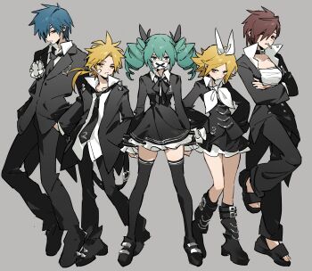 2boys 3girls absurdres aqua_hair bandaid bandaid_on_cheek bandaid_on_face black_boots black_choker black_dress black_jacket black_necktie black_pants black_ribbon black_sandals black_shoes black_thighhighs blonde_hair blue_eyes blue_hair boots brown_eyes brown_hair chest_sarashi choker closed_mouth collared_shirt crossed_arms dress drill_hair grey_background gyu9447 hair_over_one_eye hair_ribbon hands_on_own_hips hatsune_miku highres himitsu_keisatsu_(vocaloid) jacket kagamine_len kagamine_rin kaito_(vocaloid) long_hair long_sleeves mask meiko_(vocaloid) mouth_mask multiple_boys multiple_girls necktie pants ribbon sandals sarashi shirt shoes short_hair simple_background spiked_hair standing thighhighs twin_drills twintails vocaloid white_mask white_ribbon white_shirt yellow_eyes