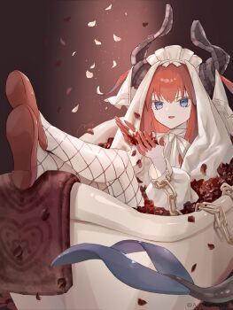 1girl aopix_001 blue_eyes chain colored_extremities cuffs dragon_girl dragon_horns elizabeth_bathory_(avenger)_(fate) falling_petals fate/grand_order fate_(series) fishnets_over_socks handcuffs highres horns in_bathtub long_hair open_mouth petals red_background red_hair red_shoes shoes sitting smile socks solo two_side_up veil white_headdress white_socks white_veil