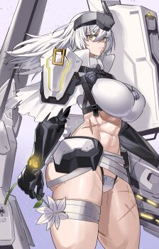 1girl abs absurdres bandaged_leg bandaged_waist bandages breasts chest_strap cloak closed_mouth commentary cowboy_shot crotch_plate dog_tags floating_hair flower from_side gamjasssak goddess_of_victory:_nikke gradient_background hair_between_eyes head-mounted_display highres holding holding_flower korean_commentary large_breasts long_hair looking_at_viewer mechanical_arms muscular muscular_female official_alternate_design purple_background scar scar_on_leg scar_on_stomach scar_on_thighs simple_background snow_white_(heavy_arms)_(nikke) snow_white_(nikke) solo standing thick_thighs thighs torn_cloak torn_clothes underbust v-shaped_eyebrows visor_(armor) visor_lift white_cloak white_flower white_hair wind yellow_eyes