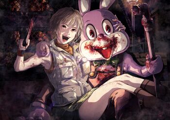 Rule 34 | 1girl, 1other, arm around shoulder, blonde hair, blood, blood on clothes, blood on face, bloody weapon, boots, bow, bowtie, breasts, brown boots, brown eyes, chain-link fence, commentary request, coon bear, fence, green bow, green bowtie, green skirt, heather mason, highres, holding, holding knife, holding lead pipe, horror (theme), knife, lead pipe, medium breasts, miniskirt, open mouth, orange sweater, robbie the rabbit, short hair, silent hill (series), silent hill 3, skirt, sleeveless, sleeveless turtleneck, smile, sweater, turtleneck, veil, weapon, white veil