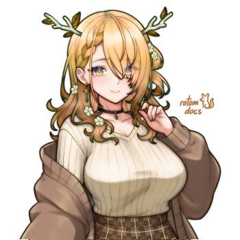 1girl alternate_hair_color antlers artist_name black_choker blonde_hair braid breasts brown_cardigan brown_skirt brown_sweater cardigan ceres_fauna choker closed_mouth collarbone commentary commission earrings english_commentary eyes_visible_through_hair flower hair_flower hair_ornament highres hololive hololive_english horns jewelry large_breasts long_hair looking_at_viewer mole mole_under_eye off_shoulder open_cardigan open_clothes plaid_clothes plaid_skirt rotomdocs simple_background skirt smile solo sweater sweater_tucked_in upper_body variant_set virtual_youtuber white_background yellow_eyes