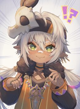 !? 1girl animal_skull bandaid bandaid_on_face bandaid_on_nose blush closed_mouth commentary_request dark-skinned_female dark_skin detached_sleeves earrings emphasis_lines fingernails fur_collar genshin_impact green_eyes green_pupils grey_hair hair_between_eyes hands_up headband highres iansan_(genshin_impact) implied_confession jacket jewelry kruhhkake long_hair looking_at_viewer multicolored_headband multiple_rings necklace nervous nervous_smile nervous_sweating nose_blush pointy_ears ring skull_on_head smile solo straight-on surprised sweat twintails upper_body v-shaped_eyebrows wavy_mouth