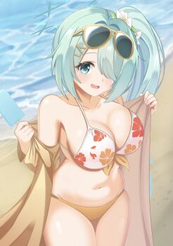 1girl :d absurdres aqua_eyes aqua_halo bare_shoulders beach bikini blue_archive blush breasts cleavage collarbone commentary_request cowboy_shot curvy day eyewear_on_head floral_print floral_print_bikini flower food front-tie_bikini_top front-tie_top green_hair hair_flower hair_ornament hair_over_one_eye hairclip halo halterneck hands_up happy highres hiyori_(blue_archive) hiyori_(swimsuit)_(blue_archive) holding holding_food holding_popsicle jacket large_breasts long_bangs long_hair looking_at_viewer megi_(zdsw2323) multicolored_bikini navel ocean official_alternate_costume official_alternate_hairstyle one_eye_covered open_clothes open_jacket open_mouth orange_bikini outdoors popsicle print_bikini side_ponytail skindentation smile solo stomach sunglasses swimsuit tareme two-tone_bikini very_long_hair white_bikini white_flower yellow_jacket
