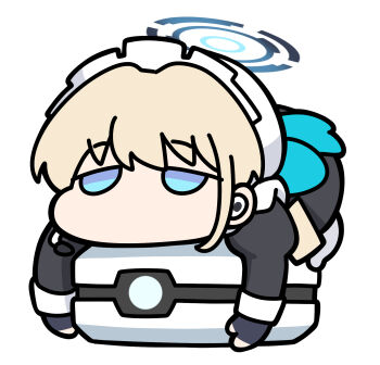 1girl black_dress black_gloves blonde_hair blue_archive blue_eyes chibi commentary_request commission dress earpiece fingerless_gloves full_body gloves grey_pantyhose halo hat headset highres juliet_sleeves long_sleeves maid maid_headdress mob_cap no_shoes nyaru_(nyaru_4126) pantyhose puffy_sleeves simple_background skeb_commission solo toki_(blue_archive) white_background white_hat