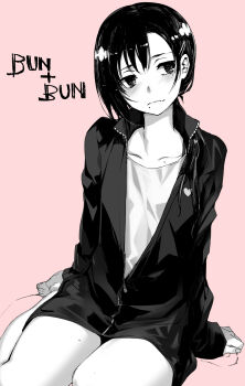 1girl barefoot breast_conscious bunbun collarbone commentary_request greyscale_with_colored_background hair_ornament hairclip highres jacket looking_to_the_side mole mole_on_collarbone mole_on_thigh mole_under_mouth multiple_moles original pink_background short_hair signature sitting sleeves_past_wrists solo variant_set yokozuwari