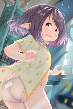 1girl animal_print ass braid collared_shirt commentary_request final_fantasy final_fantasy_xiv green_eyes green_shirt highres indoors lalafell loli no_pants open_mouth panties pointy_ears purple_hair shelldy shirt short_hair short_sleeves solo underwear white_panties