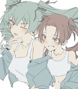 anchovy_(girls_und_panzer) drill_hair girls_und_panzer hair_ribbon highres kadotani_anzu kyuemo long_hair multiple_girls ribbon shirt short_hair smile twin_drills white_shirt