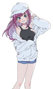 1girl bare_legs bare_shoulders baseball_cap blue_eyes blue_shorts blush breasts commentary dalidari27 hashtag-only_commentary hat highres jacket kimi_no_koto_ga_dai_dai_dai_dai_daisuki_na_100-nin_no_kanojo long_hair long_sleeves looking_at_viewer medium_breasts off_shoulder open_clothes open_jacket partially_unzipped purple_hair saiki_himeka short_shorts shorts simple_background smile solo white_background white_hat white_jacket