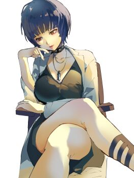1girl 4me3ba_niku black_choker black_dress blue_hair blunt_bangs bob_cut breasts brown_eyes chair choker cleavage coat commentary crossed_legs dress facing_viewer feet_out_of_frame fingernails hand_up head_rest highres jewelry lab_coat large_breasts long_sleeves looking_down necklace on_chair parted_lips persona persona_5 pink_lips simple_background sitting solo studded_choker takemi_tae white_background white_coat