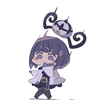 Rule 34 | 1girl, belt, belt buckle, black dress, black pantyhose, black shoes, blush stickers, bob cut, buckle, chibi, chibi only, closed mouth, coat, commentary request, dress, gloves, gwynn (pokemon), hat, hat launch, highres, long sleeves, nintendo, o-ring, o-ring belt, open clothes, open coat, pantyhose, partially fingerless gloves, pokemon, pokemon legends: z-a, purple eyes, purple hair, ramuawa, shoes, short hair, solo, surprised, unworn hat, unworn headwear, white background, white coat, wide sleeves