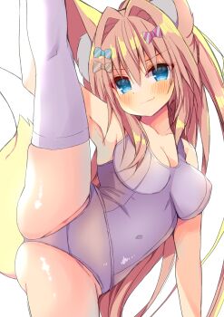 1girl animal_ears armpits bare_arms bare_shoulders blush bow breasts brown_hair cleavage closed_mouth copyright_request covered_navel diagonal-striped_bow fox_ears fox_girl fox_tail fuuna_thise grey_one-piece_swimsuit hair_between_eyes hair_bow hair_intakes highres leg_up long_hair medium_breasts old_school_swimsuit one-piece_swimsuit school_swimsuit simple_background smile solo split standing standing_on_one_leg standing_split striped_bow swimsuit tail thighhighs very_long_hair virtual_youtuber white_background white_thighhighs