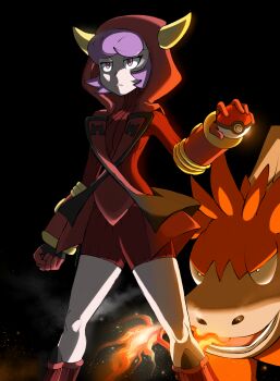 1girl absurdres awesomegoats black_background blank_stare camerupt commentary courtney_(pokemon) fire gen_3_pokemon highres nintendo orange_fur pokemon pokemon_(creature) pokemon_oras purple_eyes purple_hair red_skirt self-upload skirt smoke team_magma team_magma_uniform