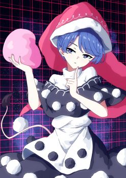 1girl absurdres black_capelet black_dress blob blue_eyes blue_hair breasts capelet commentary doremy_sweet dream_soul dress hat highres looking_at_viewer multicolored_dress nightcap pioartstuff pom_pom_(clothes) red_hat short_hair solo tail tapir_tail touhou white_dress