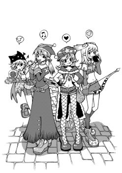 2000s_(style) 4girls alchemist_(ragnarok_online) apple bad_id boots bow_(weapon) breasts brick_floor newsboy_cap cleavage closed_mouth coat commentary_request crop_top cross cross_necklace dated_commentary deviruchi_hat dress eating elbow_gloves fingerless_gloves fishnet_pantyhose fishnets food fruit full_body fur-trimmed_coat fur-trimmed_shorts fur_collar fur_trim gloves greyscale hat hat_ornament heart holding holding_bow_(weapon) holding_food holding_fruit holding_jewelry holding_necklace holding_weapon hunter_(ragnarok_online) jester_cap jewelry juliet_sleeves korean_commentary leaning_forward long_hair long_sleeves looking_at_viewer marine_sphere medium_breasts midriff miniskirt monochrome monster_gogo multiple_girls musical_note navel necklace official_art open_mouth pantyhose pointy_ears priest_(ragnarok_online) puffy_sleeves ragnarok_online rogue_(ragnarok_online) shoes short_dress short_hair short_shorts short_sleeves shorts shorts_under_skirt sideways_hat skirt small_breasts smile spoken_heart spoken_musical_note spoken_smile star_(symbol) star_hat_ornament swept_bangs weapon