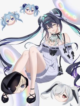 1girl :d absurdres bare_shoulders black_bow black_hair black_shoes bow breasts bubble cinderella_(nikke) cleavage collarbone commentary double-parted_bangs double_bun full_body goddess_of_victory:_nikke grave_(nikke) gretel_(nikke) hair_between_eyes hair_bun hair_ribbon hansel_(nikke) highres large_breasts little_mermaid_(beautiful_bubble)_(nikke) little_mermaid_(nikke) long_hair long_sleeves looking_at_viewer mori_(nikke) off-shoulder_sweater off_shoulder official_alternate_costume official_alternate_hairstyle old_tales_(nikke) omeme_mememe open_mouth ribbed_sweater ribbon shoes sleeve_bow smile solo sweater twintails white_background white_ribbon yellow_eyes