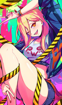 1girl arm_up blonde_hair blue_jacket blue_shorts bracelet breasts chainsaw_man colorful_background commentary_request crosshair_pupils demon_girl demon_horns double-parted_bangs double_v fingernails grey_sports_bra hair_between_eyes half-closed_eye highres horns jacket jewelry karan_koron100 knee_up legs long_hair long_hair_between_eyes looking_at_viewer medium_breasts nail_polish open_clothes open_jacket open_mouth power_(chainsaw_man) red_horns red_nails sharp_teeth short_shorts shorts smile solo sports_bra teeth uneven_eyes v yellow_eyes