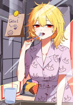 1girl absurdres bathroom blonde_hair breasts brushing_teeth commentary cup highres holding holding_toothbrush hololive hololive_indonesia kaela_kovalskia large_breasts medium_hair messy_hair mirror note pajamas purple_pajamas red_eyes reflection reflection_focus sink sleepy solo toothbrush toothbrush_in_mouth virtual_youtuber water yusuriru202