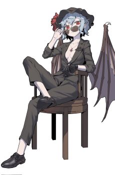 1girl alternate_costume bat_wings black_hat black_shoe blue_hair corrupted_twitter_file formal_clothes full_body gloves hat highres inner_boob jewelry mob_cap necklace open_clothes open_shirt pants red_eyes remilia_scarlet shoes short_hair sitting socks solo suit sunglasses touhou white_background wings