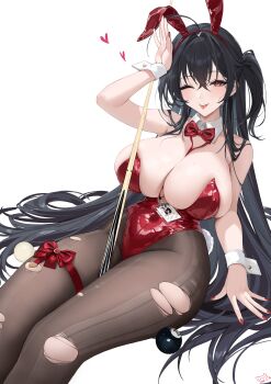 Rule 34 | 1girl, ;p, absurdres, animal ear hairband, animal ears, awwwwys, azur lane, ball, billiard ball, black hair, black pantyhose, bow, bowtie, breasts, cleavage, detached collar, fake animal ears, hairband, highres, huge breasts, leotard, light blush, long hair, official alternate costume, one eye closed, one side up, pantyhose, playboy bunny, pogo stick, rabbit ears, red bow, red bowtie, red eyes, red hairband, red leotard, red nails, simple background, solo, taihou (azur lane), taihou (fun on the baize) (azur lane), tongue, tongue out, torn clothes, torn pantyhose, very long hair, white background, wrist cuffs