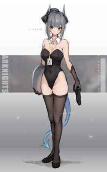1girl arknights asicah bare_shoulders black_gloves black_leotard black_shoes black_thighhighs breasts brown_eyes character_name cleavage collar covered_navel detached_collar dragon_girl dragon_horns dragon_tail elbow_gloves full_body glock gloves grey_hair gun hair_bun handgun high_heels highleg highleg_leotard holding holding_gun holding_tray holding_weapon horns id_card lanyard large_breasts leotard liskarm_(arknights) looking_at_viewer nontraditional_playboy_bunny playboy_bunny ponytail shoes single_hair_bun solo standing strapless strapless_leotard tail thighhighs tray trigger_discipline typo weapon white_collar yellow_eyes
