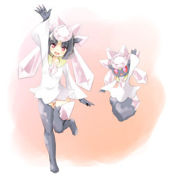 1girl :d arm_up blush collarbone creature_and_personification diamond_(shape) diancie full_body gen_6_pokemon gloves grey_gloves grey_thighhighs hat highres leg_up legendary_pokemon long_sleeves looking_at_viewer mythical_pokemon nintendo open_mouth panties personification pink_headwear pokemon pokemon_(creature) red_eyes shirt smile standing standing_on_one_leg tenjou_ryuka thighhighs tongue underwear white_shirt