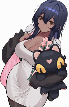 Rule 34 | 1girl, bag, black bra, black jacket, blue hair, bra, breasts, brown eyes, cleavage, closed mouth, dark-skinned female, dark skin, dress, flower, hair between eyes, highres, holding, holding stuffed toy, jacket, large breasts, long hair, looking ahead, original, rohioart, shoulder bag, simple background, smile, solo, stuffed animal, stuffed cat, stuffed toy, underwear, white background, white dress