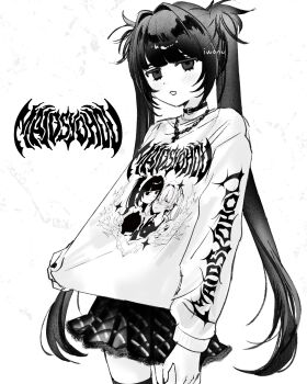 1girl belt_collar black_choker choker clothes_writing collar commentary cowboy_shot greyscale hair_between_eyes highres iwonu jewelry long_hair long_sleeves looking_at_viewer monochrome necklace open_mouth original print_shirt pulling_own_clothes shirt simple_background solo twintails very_long_hair white_background