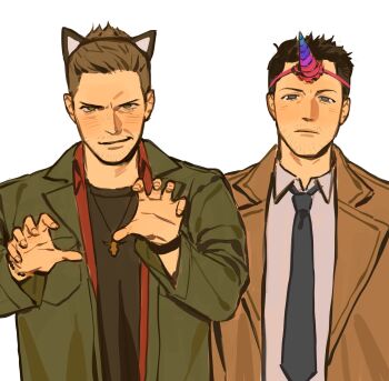 2boys animal_ear_hairband animal_ears beard_stubble black_shirt blonde_hair blue_necktie bracelet brown_hair castiel cat_ears claw_pose closed_mouth coat collared_shirt crew_cut dean_winchester facial_hair fake_animal_ears fake_horns gradient_horns green_eyes green_jacket hairband highres horns jacket jewelry kunnuscumnus looking_at_viewer male_focus multicolored_horns multiple_boys necklace necktie open_clothes open_coat open_jacket open_shirt red_shirt shirt simple_background smirk stubble supernatural_(tv_series) unicorn_horn upper_body v-shaped_eyebrows white_background white_shirt
