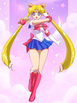 1girl bishoujo_senshi_sailor_moon blonde_hair blue_eyes blue_sailor_collar bow choker crescent double_bun earrings gloves hair_bun hair_ornament heart jewelry long_hair magical_girl pirochi red_bow red_choker sailor_collar sailor_moon sailor_senshi_uniform skirt smile solo tsukino_usagi twintails very_long_hair