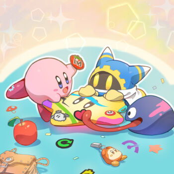 Rule 34 | apple, bag, blush stickers, character charm, charm (object), commentary request, decorating, food, fruit, gooey (kirby), kirby, kirby (series), kirby air ride, kirby air riders, long tongue, magolor, maxim tomato, nintendo, paint on body, satchel, shungyou, sparkle, sticker, tongue, very long tongue, waddle dee, warp star