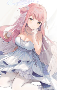 1girl alternate_costume bare_shoulders blue_archive blue_dress blue_halo breasts cleavage closed_mouth commentary dress feathered_wings gloves hair_bun hair_ribbon halo highres jewelry large_breasts long_hair looking_at_viewer mika_(blue_archive) necklace pantyhose pink_hair ribbon see-through_clothes see-through_gloves see-through_ribbon shiidap single_side_bun sleeveless sleeveless_dress smile solo strapless strapless_dress symbol-only_commentary white_pantyhose white_wings wings yellow_eyes