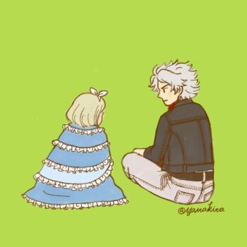1boy 1girl belt black_belt black_jacket blonde_hair blue_capelet blue_skirt capelet classicaloid closed_mouth frilled_capelet frills full_body green_background grey_hair grey_pants hairband jacket lolita_fashion looking_at_another ludwig_van_beethoven_(classicaloid) pants pyotr_illyich_tchaikovsky_(classicaloid) short_hair sitting skirt sweet_lolita twitter_username white_hairband yatta_kita