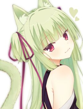1girl :3 animal_ear_fluff animal_ears azumaru_a bare_shoulders blunt_bangs blunt_ends cat_ears cat_girl cat_tail commentary from_behind green_hair hair_intakes hair_over_shoulder hair_ribbon head_tilt heart highres hime_cut kemonomimi_mode long_hair long_ribbon looking_at_viewer looking_back murasame_(senren) purple_ribbon red_eyes ribbon senren_banka sidelocks simple_background smile solo straight_hair tail two_side_up upper_body white_background