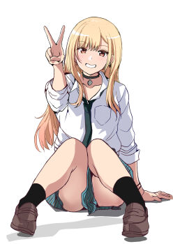 Rule 34 | aqua skirt, arm support, black necktie, black socks, blonde hair, bracelet, breast pocket, brown shoes, choker, commentary request, highres, jewelry, kibito high school uniform, kitagawa marin, knees up, loafers, long hair, multicolored hair, necktie, pink hair, pocket, red eyes, school uniform, shirt, shoes, sitting, skirt, socks, sono bisque doll wa koi wo suru, streaked hair, suberaku, v, white background, white shirt