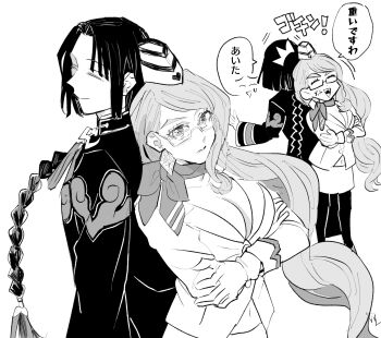 anger_vein braid breasts cleavage closed_eyes commentary_request fangs fate/grand_order fate_(series) glasses gloves greyscale hat highres koyanskaya_(fate) koyanskaya_(foreigner)_(first_ascension)_(fate) long_hair monochrome open_mouth pencil_skirt plmeri shirt single_braid skirt taigong_wang_(fate) white_gloves white_shirt white_skirt