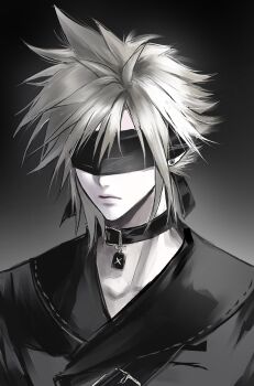 1boy 3_3lecho 9s_(nier:automata) 9s_(nier:automata)_(cosplay) absurdres black_choker black_jacket blindfold blonde_hair choker closed_mouth cloud_strife collarbone cosplay earrings final_fantasy final_fantasy_vii final_fantasy_vii:_ever_crisis gradient_background highres jacket jewelry male_focus nier:automata nier_(series) nier_reincarnation official_alternate_costume pale_skin short_hair solo spiked_hair stud_earrings upper_body