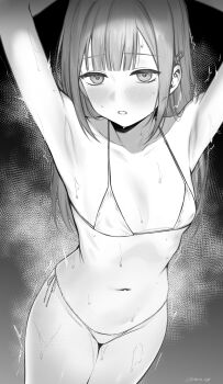 1girl armpits arms_up bang_dream! bang_dream!_it&#039;s_mygo!!!!! bikini blush breasts collarbone commentary covered_erect_nipples cowboy_shot deras dripping greyscale hair_ornament hairclip highres long_hair looking_at_viewer monochrome navel parted_lips side-tie_bikini_bottom signature small_breasts solo string_bikini sweat swimsuit trembling twitter_username wakaba_mutsumi