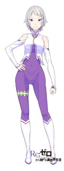 1girl absurdres blush bodysuit bodysuit_under_clothes boots breasts clenched_hand closed_mouth clothing_cutout collared_jacket commentary_request copyright_name covered_navel elf english_text flower fortuna_(re:zero) full_body grey_hair hair_flower hair_ornament hand_on_own_hip highres jacket long_sleeves looking_at_viewer medium_breasts official_art ootsuka_shin&#039;ichirou pointy_ears purple_bodysuit purple_eyes re:zero_kara_hajimeru_isekai_seikatsu short_hair shoulder_cutout simple_background smile solo standing tachi-e thigh_strap title tsurime white_background white_boots white_flower white_jacket
