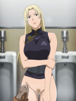 1boy 1girl absurdres black_shirt blonde_hair bottomless breasts brown_panties censored chinese_clothes commentary_request commission cum cum_in_pussy cum_on_body cum_on_clothes cumdrip facial female_pubic_hair gluteal_fold highres jujutsu_kaisen large_breasts long_hair looking_at_viewer male_masturbation masturbation mosaic_censoring panties panties_on_penis penis pixiv_commission pov pubic_hair pussy salmon_knight shirt sleeveless sleeveless_shirt standing thigh_gap thighs tsukumo_yuki_(jujutsu_kaisen) underwear