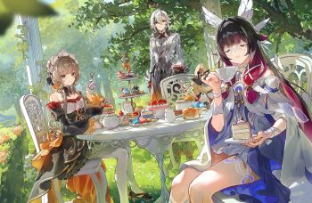 3girls absurdres arlecchino_(genshin_impact) black_dress black_hair black_shoes blue_eyes brown_hair cake cake_slice closed_eyes columbina_(genshin_impact) commentary cup detached_sleeves dress english_commentary facing_viewer food genshin_impact gloves grape_(grapedraws) grey_hair half_gloves high_heels highres holding holding_plate holding_spoon long_sleeves looking_at_viewer multicolored_hair multiple_girls pantyhose parted_lips plate purple_hair sandrone_(genshin_impact) shoes sitting smile spoon standing tea_party teacup teapot white_dress white_gloves white_pantyhose