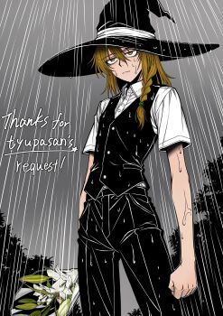 1girl black_hat black_pants black_vest blonde_hair bouquet braid braided_sidelock commentary_request flower hat highres holding holding_bouquet jitome kirisame_marisa outdoors pants rain ryoan_(voyagehermitage) shirt solo touhou vest wet white_shirt witch_hat