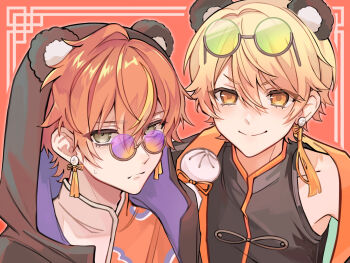 2boys animal_ears earrings eyewear_on_head glasses green_eyes highres hood hood_up jewelry light_blush looking_at_viewer multicolored_hair multiple_boys orange_eyes panda panda_ears project_sekai red_background shinonome_akito shirogasukinan smile tenma_tsukasa