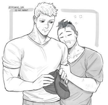 2boys bara call_of_duty call_of_duty:_modern_warfare_2 closed_eyes closed_mouth couple dreaming_oor facial_hair ghost_(modern_warfare_2) greyscale highres holding holding_mask looking_at_another male_focus mask monochrome multiple_boys muscular muscular_male pants scar scar_on_face scar_on_mouth scar_on_nose shirt short_hair smile soap_(modern_warfare_2) twitter_username yaoi